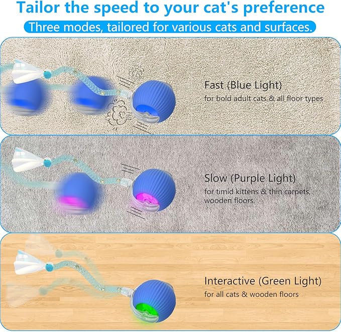 Interactive Cat Toys for Indoor Cats, Interactive Cat Ball Toy with Elastic Mesh Tail, Automatic Cat/Kitten Toys with Chirping & Motion Activate, Cat Toys for Bored Indoor(Blue)