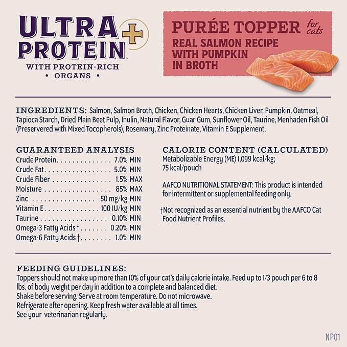 Natural Balance Ultra Protein Plus Wet Cat Food, Skin & Coat and Digestive Health Real Salmon With Pumpkin Puree Topper With Chicken Liver & Chicken Heart, High Protein Cat Food - 2.4 oz. (Pack of 24)