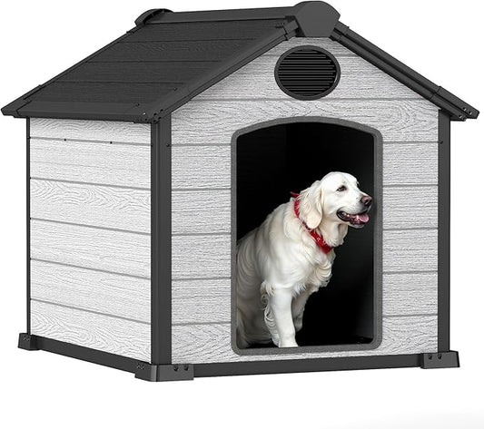 45" Large Dog House Outdoor Indoor with Durable Waterproof Resin Plastic for Medium Large Dogs, Dog House Bed with Air Vents and Elevated Floor, Easy to Assemble (Grey, 45" L x 40" W x 40" H)