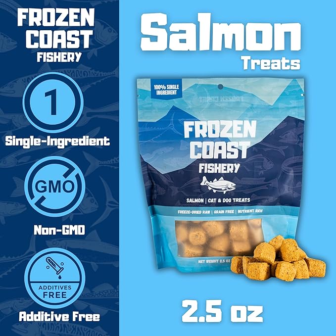 Frozen Coast Freeze-Dried Wild-Caught Salmon Cat & Dog Treats-High-Protein, Omega-3, Grain-Free (2.5 oz-Bag)