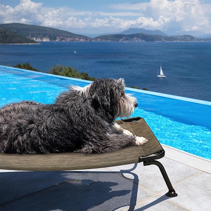 Veehoo Outdoor Elevated Dog Bed, Cooling Raised Dog Cots Beds for Medium Dogs, Portable Waterproof Curved Dogs Hammock Bed for Outside, up to 100lbs, Black Legs, Brown 32"