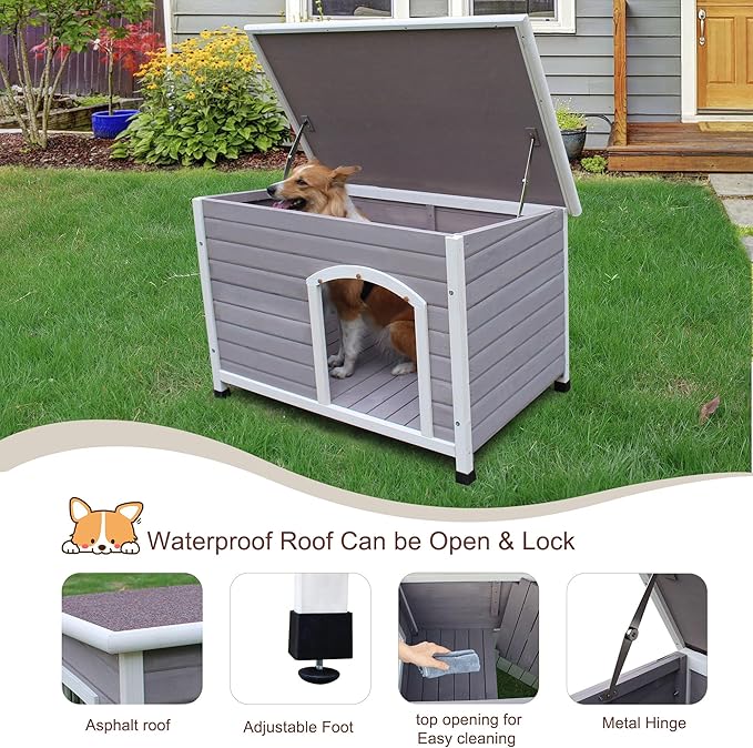 33.4" Dog Houses Outdoor Indoor, Weatherproof Dog Houses Outside with Window & Door Flap Cut Wooden Dog House, Clean & Assemble Easily-Gray