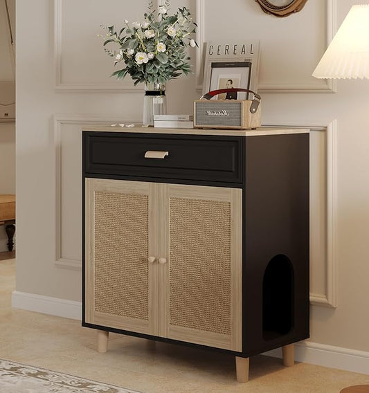 Cat Litter Box Enclosure Furniture Hidden Indoor 2-in-1 Wooden Cat House & Washroom Cabinet with Scratching Board Doors and Drawer, 31.5"x15.7"x34.6"H - Black