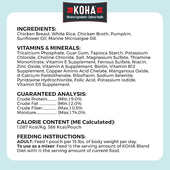 KOHA Pet Limited Ingredient Bland Diet for Dogs Value Pack, Chicken and White Rice Recipe Sensitive Stomach Wet Dog Food, Gentle Formula Easy to Digest Bland Diet Dog Food, Pack of 30