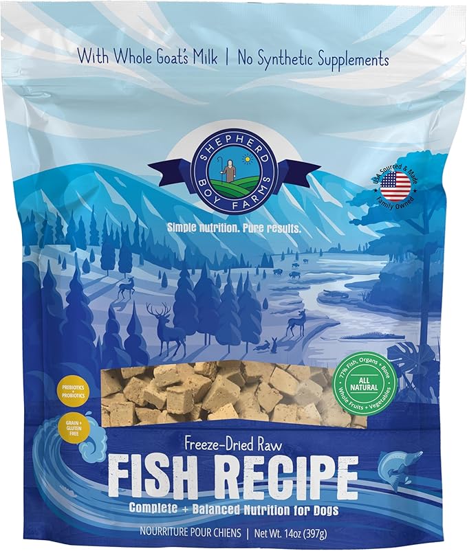 Freeze Dried Raw Dog Food, Fish Medley Recipe, All Natural, No Synthetics, Made in USA with Goat's Milk & Organic Produce, High Protein, Complete Meal (14oz)