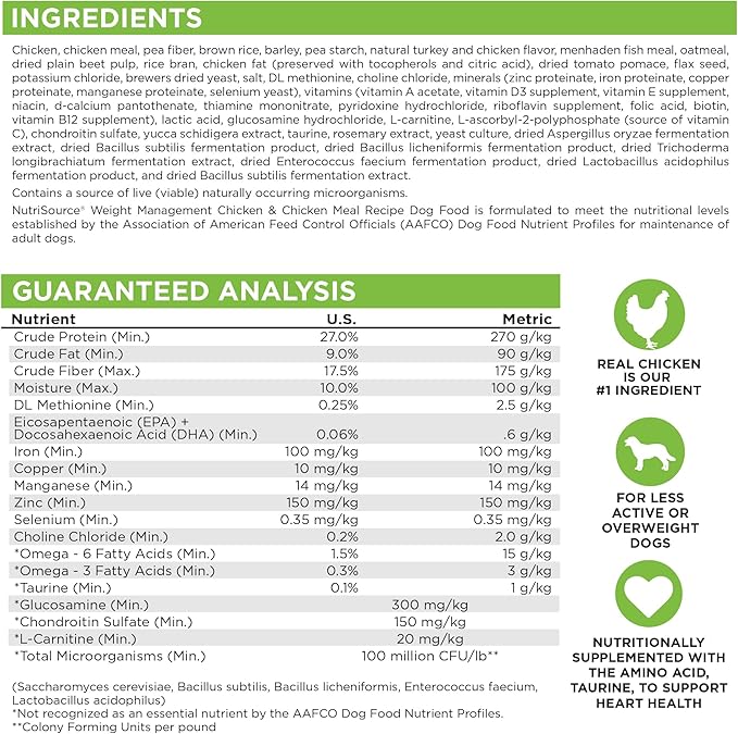 NutriSource Weight Management Dry Dog Food, Chicken and Chicken Meal, 12LB