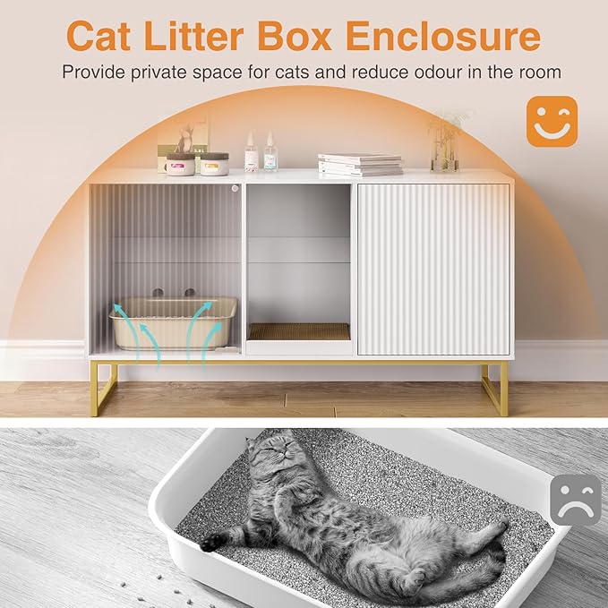 Litter Box Enclosure for 2 Cats, Fluted Hidden Cat Litter Box Furniture with Scratch Pad and Metal Legs, Modern Double Room Kitty House for Living Room, Washroom, 47.2”L x 17.7”W x 25.9”H, White