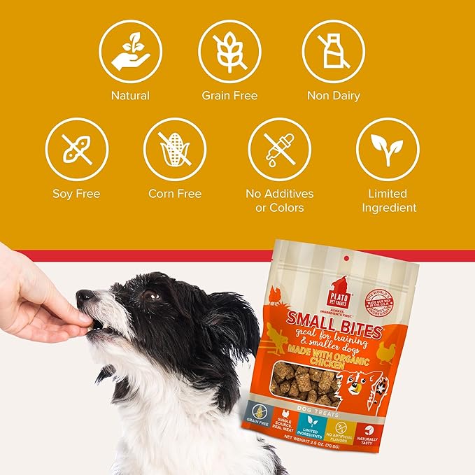 PLATO Small Bites Natural Training Dog Treats - Real Meat - Grain Free - Made in the USA - Organic Chicken Flavor, 6 ounces