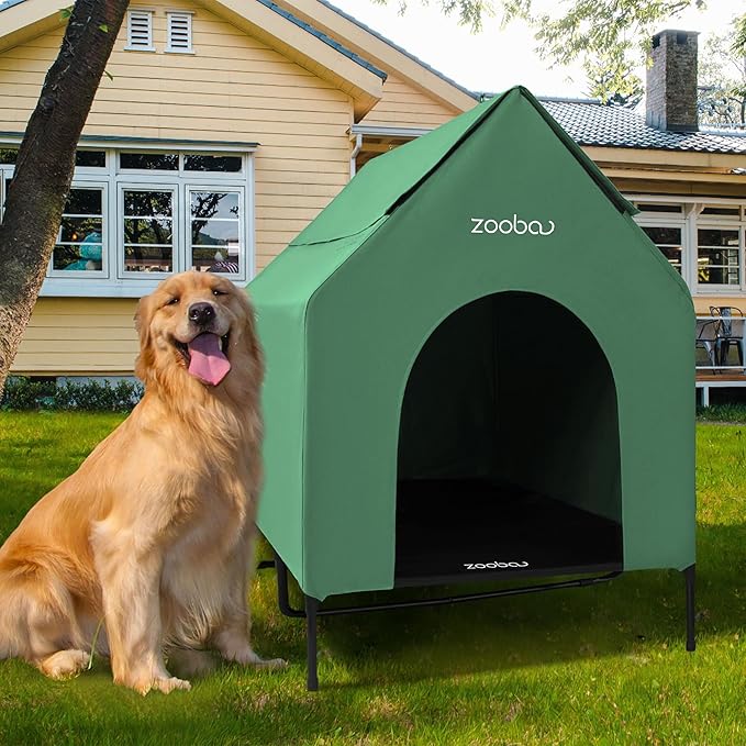 48" XL Outdoor Dog House – Weatherproof Elevated Pet Shelter, Breathable Mesh & Steel Frame, Easy to Assemble & Clean, Large Dog Houses for All Seasons (Green)