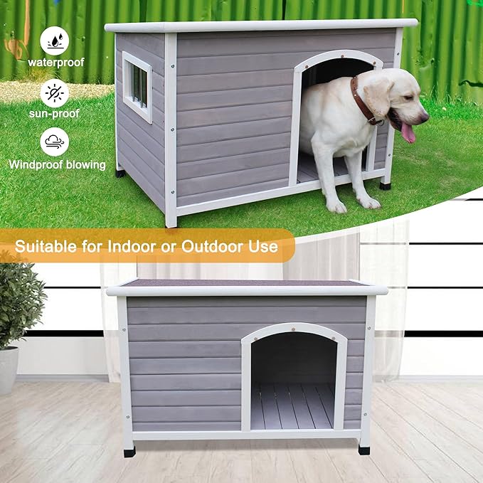 33.4" Dog Houses Outdoor Indoor, Weatherproof Dog Houses Outside with Window & Door Flap Cut Wooden Dog House, Clean & Assemble Easily-Gray