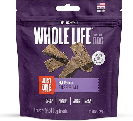 Whole Life Dog Just One Beef Liver Freeze Dried Dog Treats - Human Grade High Protein Food, Healthy Training Snacks, Freeze Dried Food Toppers, USA Made Natural Treats - 18 oz (Pack of 1)