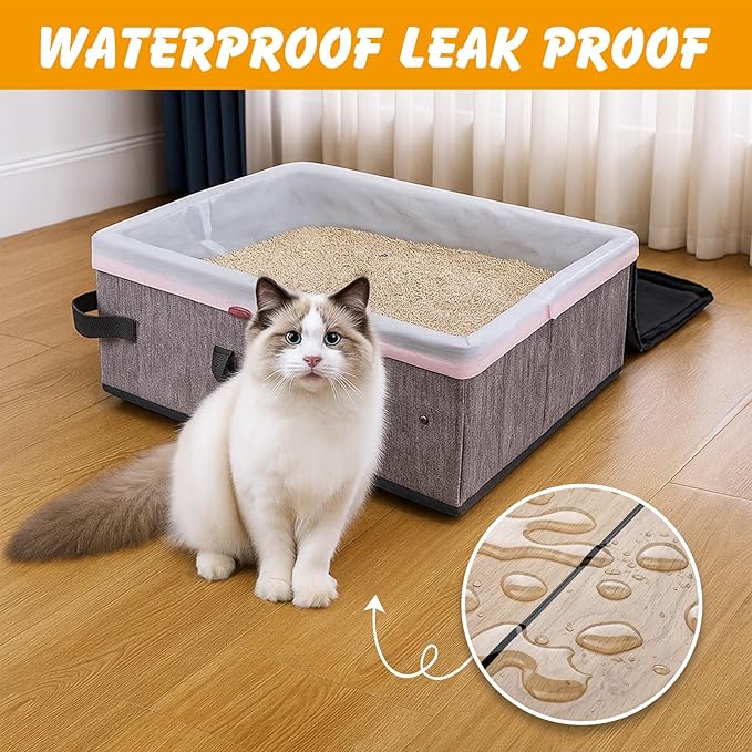 Travel Litter Box for Cats in Car with Lid and Cat Litter Scoop,Portable Cat Litters Case with a Bowl and 10 pcs Disposable Liner Bags,Leak-Proof and Collapsible