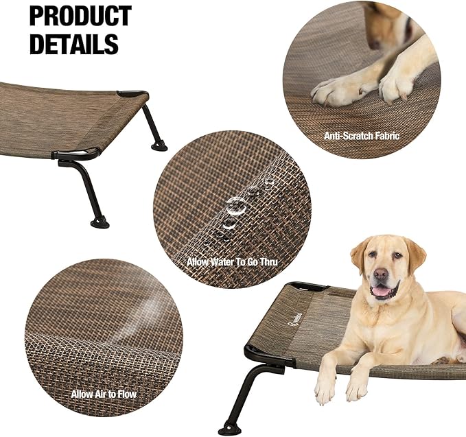 Veehoo Outdoor Elevated Dog Bed, Cooling Raised Dog Cots Beds for Medium Dogs, Portable Waterproof Curved Dogs Hammock Bed for Outside, up to 100lbs, Black Legs, Brown 32"