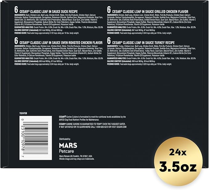 Cesar Wet Dog Food Classic Loaf in Sauce Poultry Variety Pack, 3.5 oz. Easy Peel Trays (24 Count, Pack of 1)