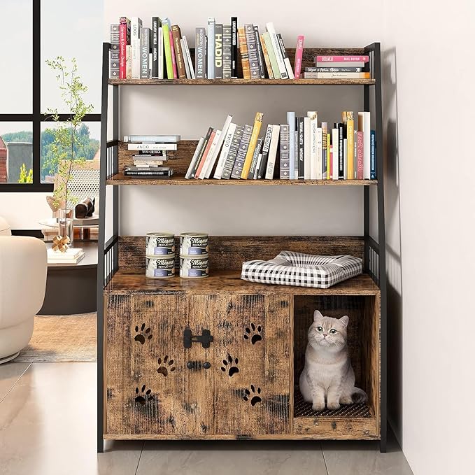 Recaceik Large Cat Litter Box Enclosure with Shelf Storage, Hidden Cat Washroom Furniture, Wooden Cat House with Scratch Pad, Sturdy Indoor Cat Cabinet with 2 Doors, Rustic Brown