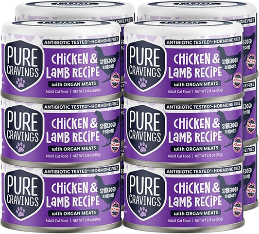 Pure Cravings Chicken and Lamb Recipe in Broth, Shredded Wet Cat Food, Grain-Free Protein, Non-GMO, 12 Pack