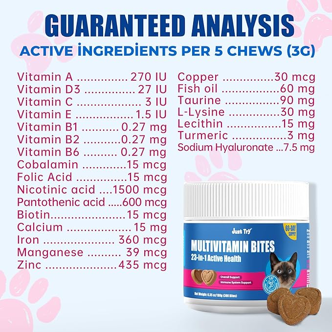 Just Try 23 in 1 Taurine for Cats Vitamins Bites - Cat Treats for Immune, Skin & Coat & Heart Health - Multivitamin, Omega 3, Biotin, Lysine for Cats - Daily Supplements 300 Bites