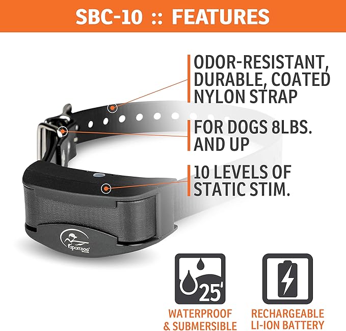 SportDOG Brand NoBark 10 Collar, Dog Bark Collars, Rechargeable, Programmable Bark Collar, Silent Partner Technology, Two Modes of Operation, Waterproof Collar (Black)