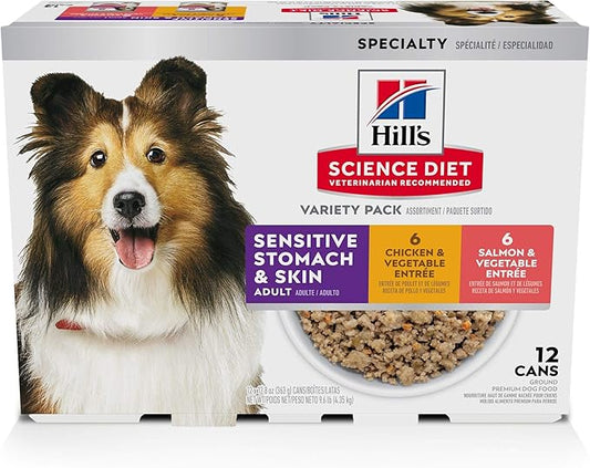 Hill's Science Diet Adult 1-6 Sensitive Stomach & Skin Wet Dog Food Variety Pack: Chicken & Vegetable; Salmon & Vegetable Loaf, 12.8 oz. Cans, 12-Pack