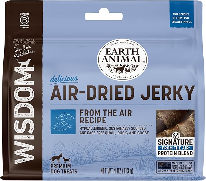 Earth Animal Wisdom Air-Dried from The Air Recipe Premium Natural Jerky Strips Dog Treats, 4 oz. Bag