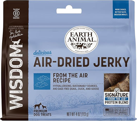 Earth Animal Wisdom Air-Dried from The Air Recipe Premium Natural Jerky Strips Dog Treats, 4 oz. Bag