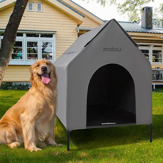 36" Large Dog House for Large Dog Indoor or Outside, Weatherproof 600D PVC Outdoor, Featuring Breathable 2x1 Textilene Elevated Dog Bed, Easy Clean（Grey）