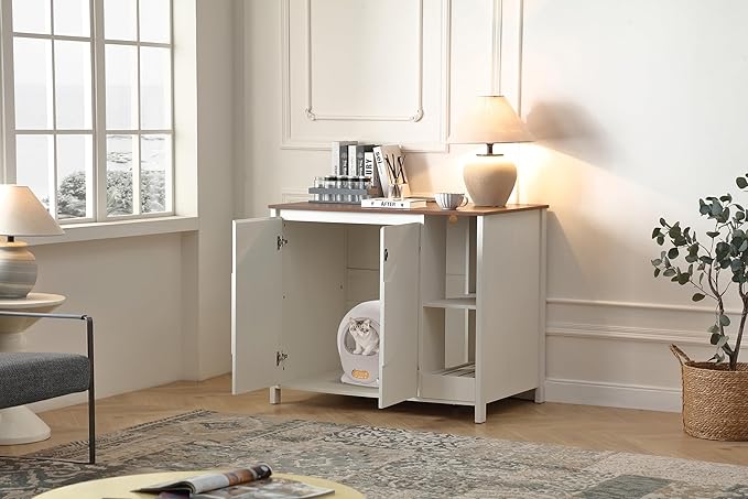 Cat-Faced Doors Cat Litter Robot Enclosure,Automatic Litter Box Enclosure for Litter Robot 3/4,Power Outlet for cat Litter Cabinet,Litter Collector,Dog-Proof Shelf,Antique White