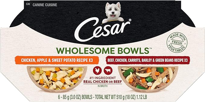 Cesar Wholesome Bowls Adult Wet Dog Food, Beef, Chicken, Carrots, Barley & Green Beans Recipe and Chicken, Apple & Sweet Potato Recipe Variety Pack, 3 oz. (6 Count, Pack of 1)