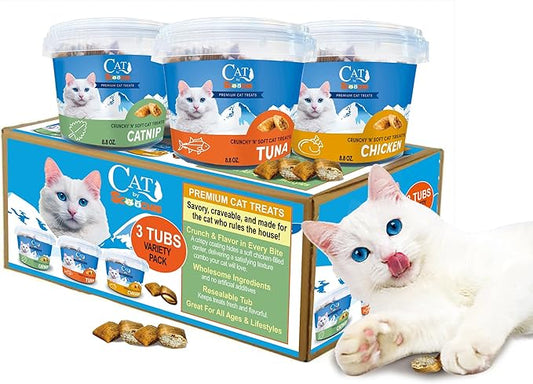 Scoochie Pet Cat by Scoochie – Assortment Flavored Cat Treats, Crunchy Outside & Creamy Inside, 3 | 8.8 oz Tubs (Tuna, Chicken & Catnip)