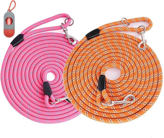 (2 Pack) Long Dog Leash for Dog Training 16FT/30FT/50FT, Reflective Heavy Duty Dog Lead for Large Medium Small Dogs Outside Walking, Playing, Camping, or Yard,Orange&Pink 15FT