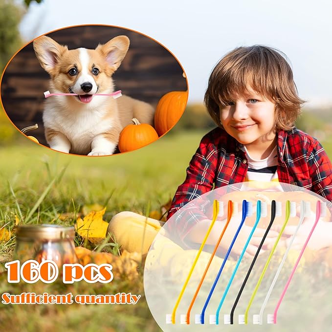 160 Pcs Dog Toothbrush Dual Head Dental Brushes Bulk Pet Tooth Brushing Kit Puppy Long Handle Toothbrush for Large and Small Dogs Cats Most Pets Teeth Cleaning Oral Care Supplies, 8 Colors