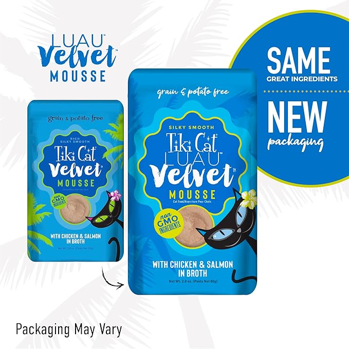 Tiki Cat Luau Velvet Mousse, Chicken & Salmon in Broth, Complete Nutrition for Balanced Diet, Wet Cat Food For All Life Stages, 2.8 oz. Pouch (Pack of 12)
