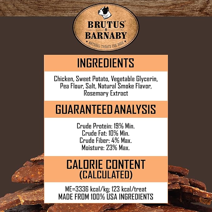 BRUTUS & BARNABY Chicken & Sweet Potato Jerky Dog Treats - Grain-Free, Preservative-Free, No Fillers - All Natural USA Chicken & Sweet Potato, High in Antioxidants - Healthy, Tasty Treat for Dogs