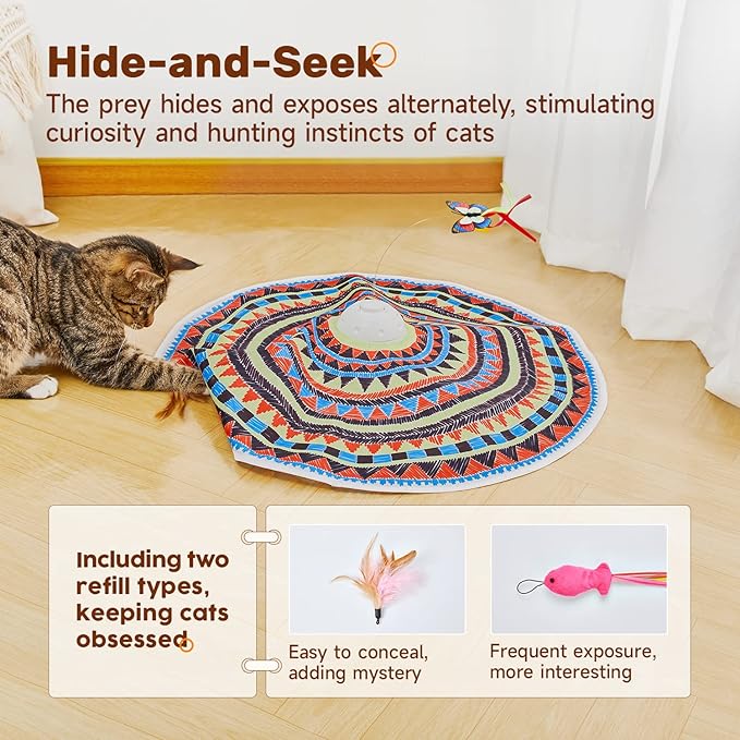 Potaroma Cat Toys Chargeable, 3in1 Hide and Seek, Automatic Interactive Fun, Fluttering Butterfly, Moving Feather, Kitten Wand, Indoor Kitty Exercise Kicker 22.8 Inch Cover for All Breeds