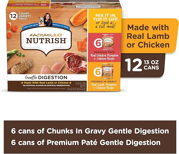 Nutrish Gentle Digestion Premium Paté and Chunks in Gravy Variety Pack Wet Dog Food, 13 oz. Can, Pack of 12 (Rachael Ray)