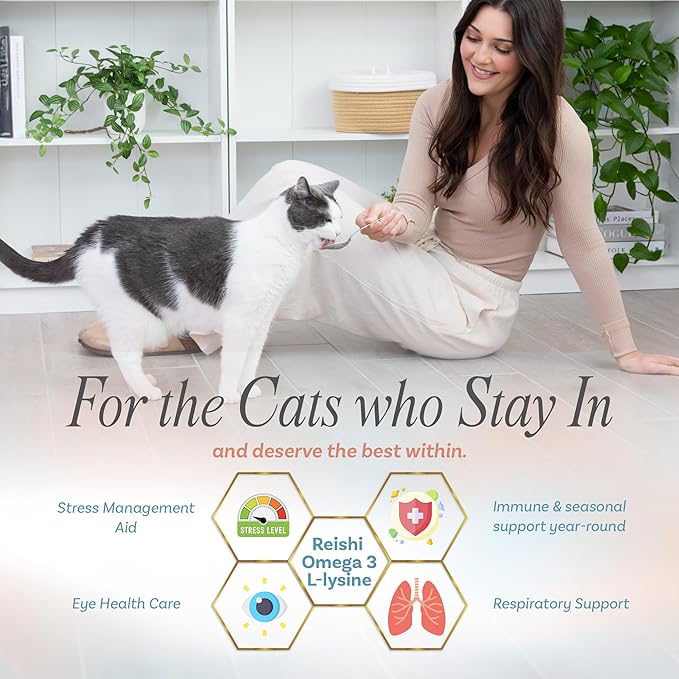 Nutritional Supplement with Multivitamins for Indoor Cats | Omega 3 Oil, Krill, Flax, Kelp | L-Lysine, Probiotics & Fiber for Digestive Support, Hairballs, Skin & Coat, Cat Dental Care Food Topper