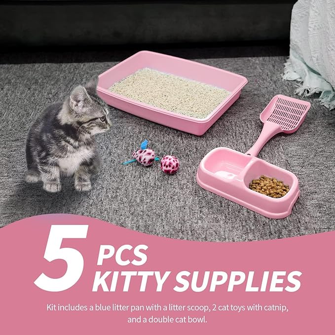PAWISE Cat Litter Box Set, Small Kitten Starter Kit, Includes Litter Box, Litter Scoop, Double Dish Feeding Bowl, Cat Mouse Toy, Kitty Ball Toy, Pink