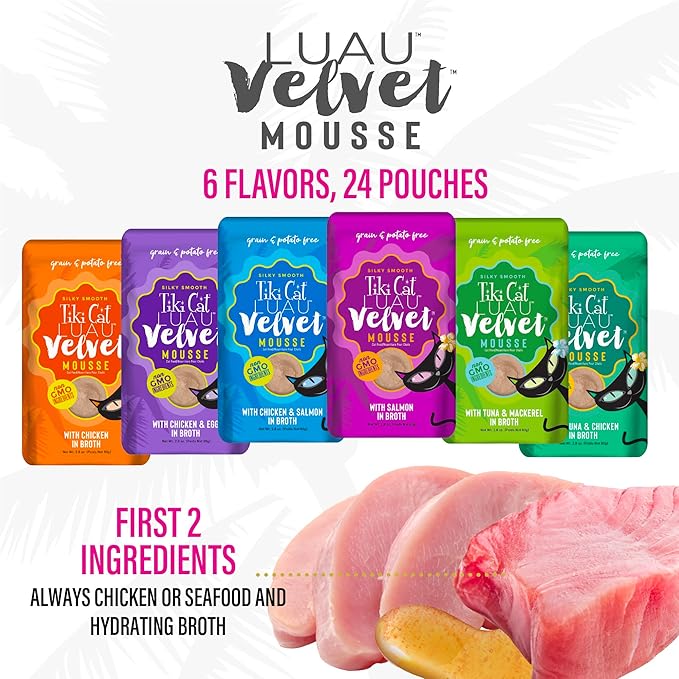 Tiki Cat Luau Velvet Mousse Wet Cat Food, 24 Count Mega Variety Pack 2.8 oz. Pouch (24 Count)