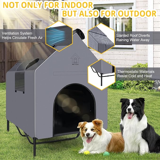 48'' Outdoor Dog Houses for Large Dogs Outside, Weatherproof Large Dogs House with Textilene Elevated Dog Bed, Breathable Dog Tent, Dog House Outdoor X-Large Breed with Windows and Sunshades