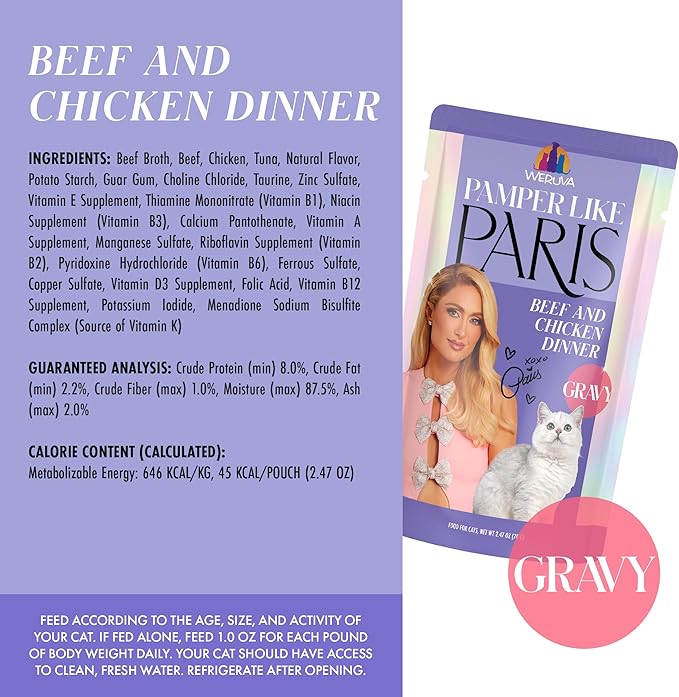 Weruva Paris Hilton Pamper Like Paris Wet Cat Food, Beef and Chicken in Gravy, 2.47oz Pouch, Pack of 12