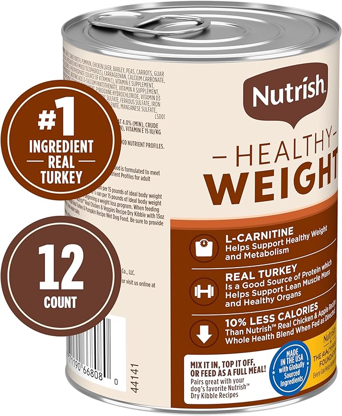 Nutrish Rachael Ray Weight Management Wet Dog Food Premium Paté Real Turkey & Pumpkin Recipe, 13 oz. Can, 12 Count