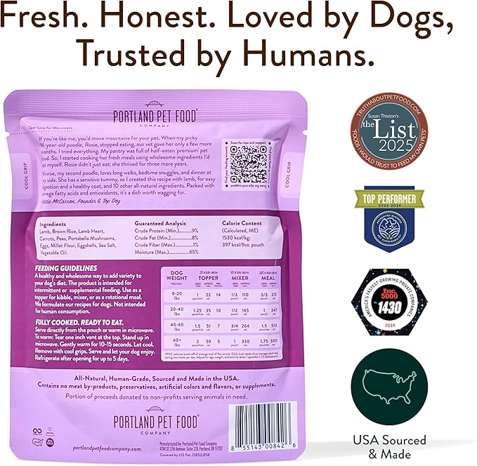 Portland Pet Food Company Winnie's Lamb N' Rice Fresh Dog Food Pouches, Wet Pet Meal Topper Mixers & Meals - Large & Small Dogs, Puppy to Seniors - Human-Grade, Gluten-Free - Made in The USA - 8 Pack