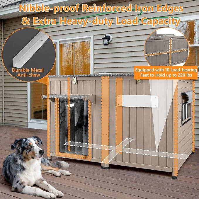 55" L Extra Large Outdoor Dog House Weatherproof with Anti-Chewing Frame, Waterproof Outside Dog Kennel Doghouse Shelter with Removable Floor, Open Roof, 10 Support Feet