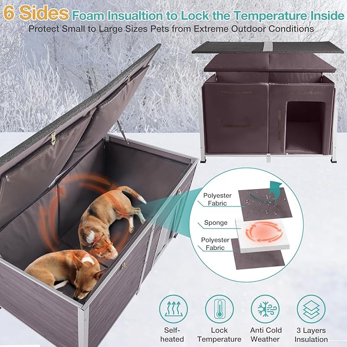 59" Extra Large Outdoor Dog House with Insulated Liner,Dog Kennel with All-Around Iron Frame,Weatherproof Dog Shelter for Small to Large Sizes Dog Kennel (Grey, L)
