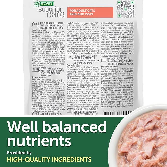Nature's Protection Superior Care Wet Cat Food - Tuna Fish & Shrimp Cat Food Toppers for Adult Cats, Natural, High Protein, 2.46 oz. Pouches (24-Pack)