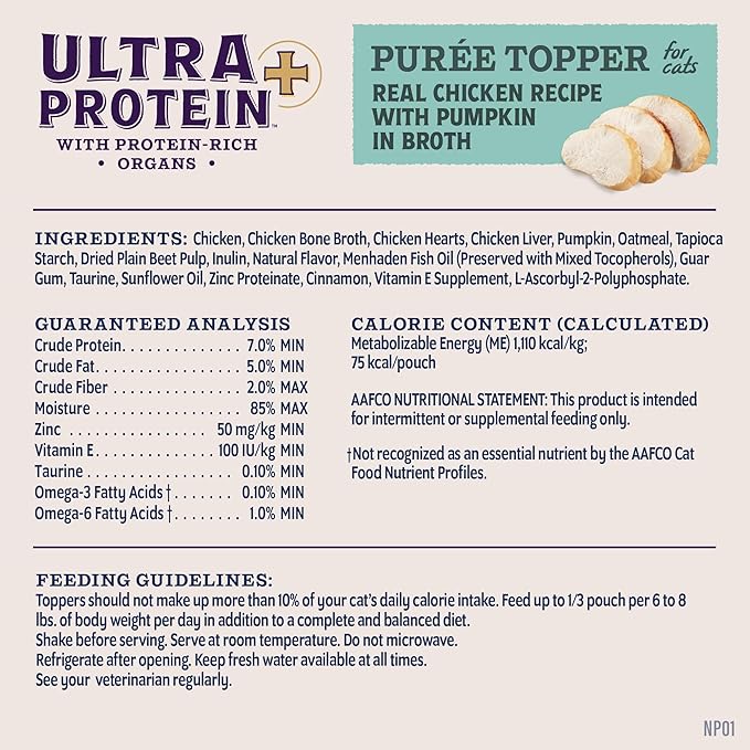 Natural Balance Ultra Protein Plus Wet Cat Food, Immune & Digestive Health Real Chicken with Pumpkin Puree Topper with Chicken Liver & Chicken Heart, High Protein Cat Food - 2.4 oz. (Pack of 24)