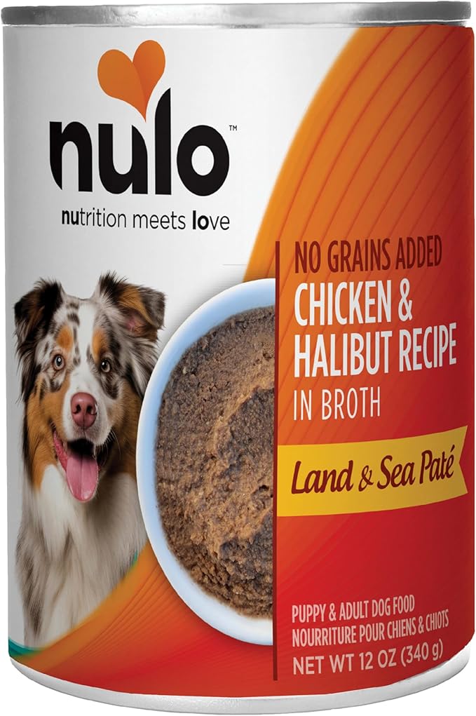Nulo Chicken & Halibut in Broth Land & Sea Pate Wet Canned Dog Food, 12 Ounce, Cans Pack of 5