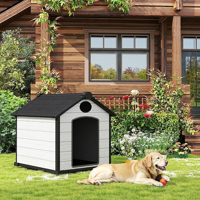 45" Large Dog House Outdoor Indoor with Durable Waterproof Resin Plastic for Medium Large Dogs, Dog House Bed with Air Vents and Elevated Floor, Easy to Assemble (Grey, 45" L x 40" W x 40" H)