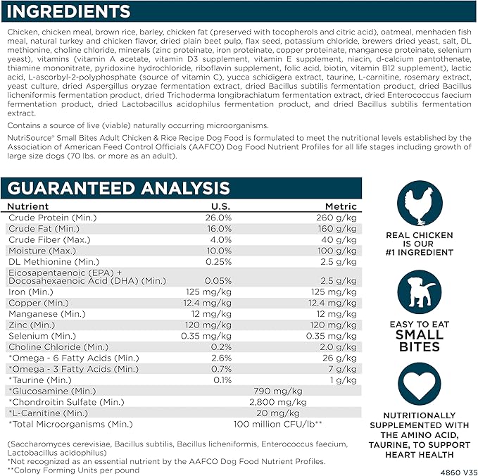 NutriSource Adult Dry Dog Food, Small Bites, Chicken and Rice, 4LB