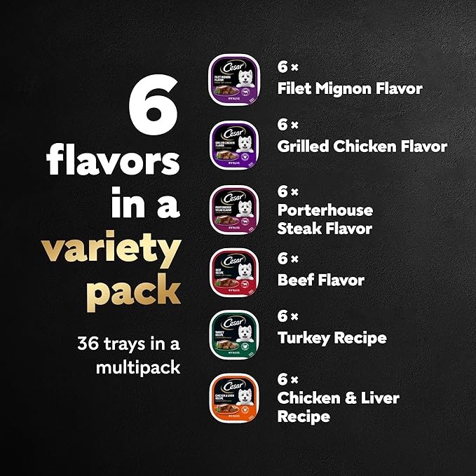 Cesar Wet Dog Food Classic Loaf in Sauce Grilled Chicken, Filet Mignon, Porterhouse Steak, Beef, Chicken & Liver and Turkey Variety Pack 3.5 oz. Easy Peel Trays (36 Count, Pack of 1)